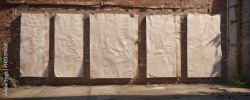 Multiple glued paper posters, outdoor setting  Realistic weathered textures and shadows ,  mockup,  poster