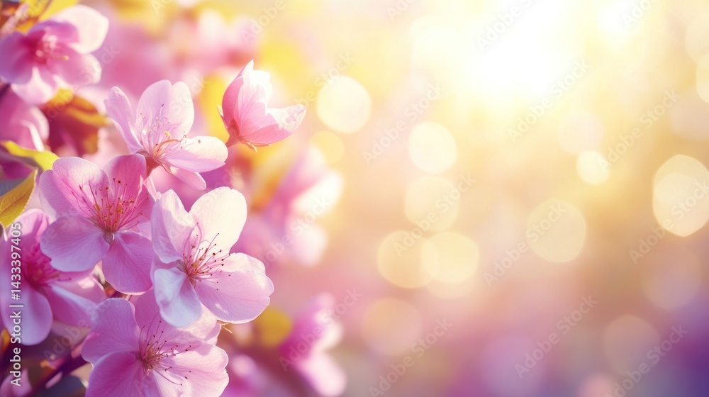 Blooming Pink Cherry Blossoms with Bokeh Light Flare in Springtime Blooming Pink Cherry Blossoms with Bokeh Light Flare in Springtime