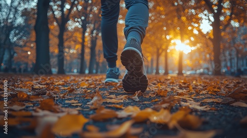 A person in running gear walking forward on an autumn park path, with legs and shoes in close - up, surrounded by fallen leaves as sunlight filters through the trees in the background.