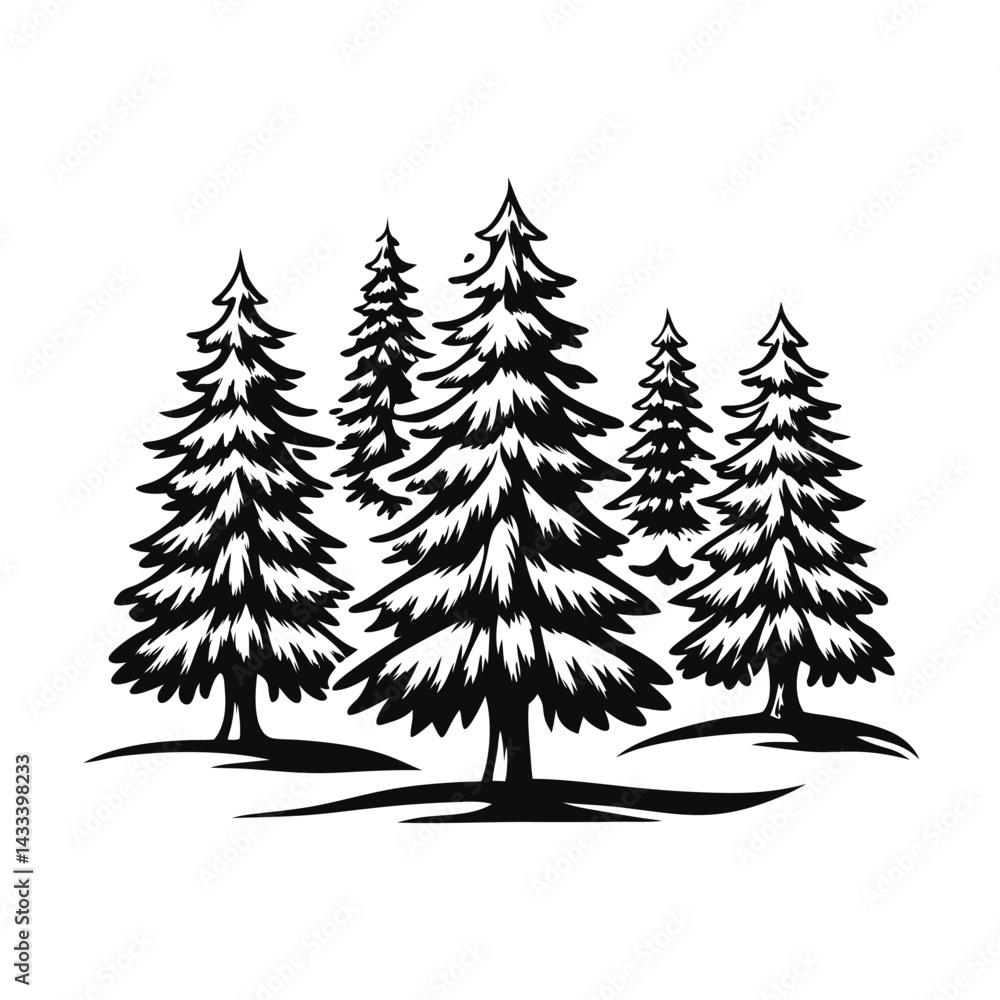Fototapeta premium Monochrome Silhouette Pine Trees, Evergreen Forest Background, Wilderness Landscape