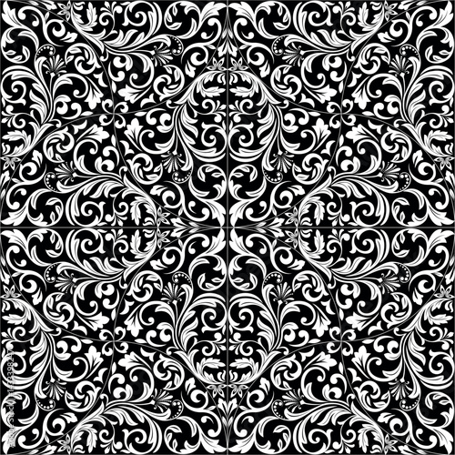 Wallpaper in the style of Baroque. White and black floral ornament. Seamless vector background. Graphic pattern for fabric, wallpaper, packaging. Ornate Damask flower illustration.