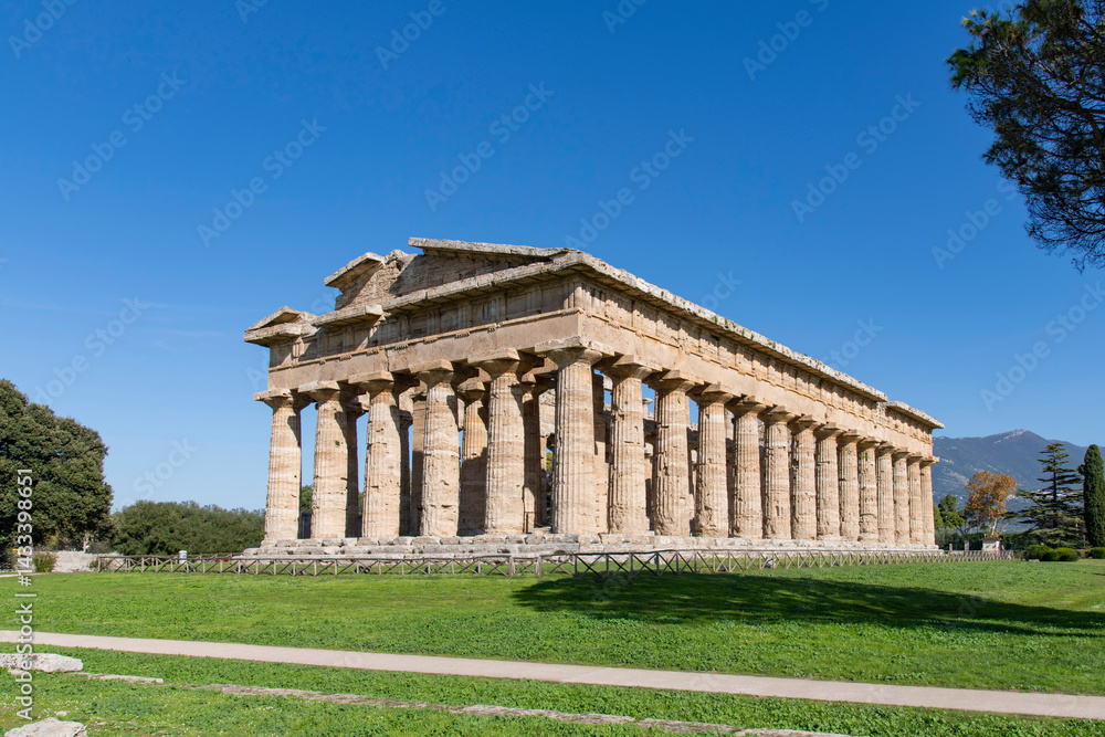 Fototapeta premium Ruins of one of the Greek temples (Hera 1, Hera 2 and Athena) in Paestum, province of Salerno, Italy a former major ancient Greek city on the coast of the Tyrrhenian Sea