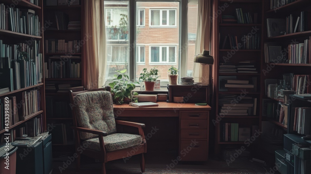 Cozy library interior with bookshelves and natural daylight beaming through Cozy library interior with bookshelves and natural daylight beaming through