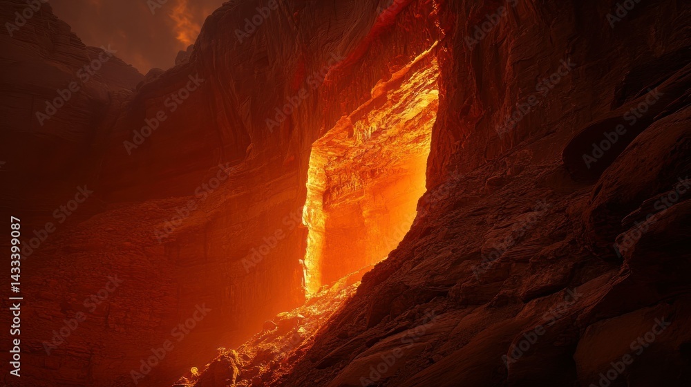 An illuminating opening brightens a dark imposing rock cavern An illuminating opening brightens a dark imposing rock cavern