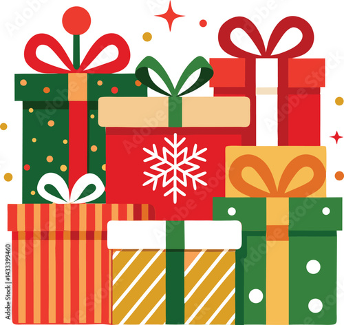 Colorful Christmas Gift Boxes with Ribbons and Holiday Decorations  Festive Illustration