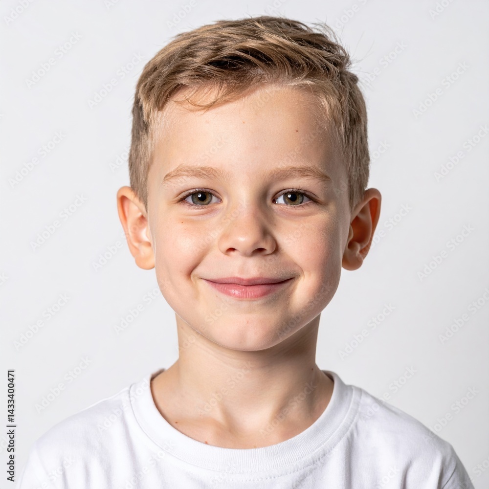 Smiling caucasian young boy in white t-shirt against plain background Smiling caucasian young boy in white t-shirt against plain background