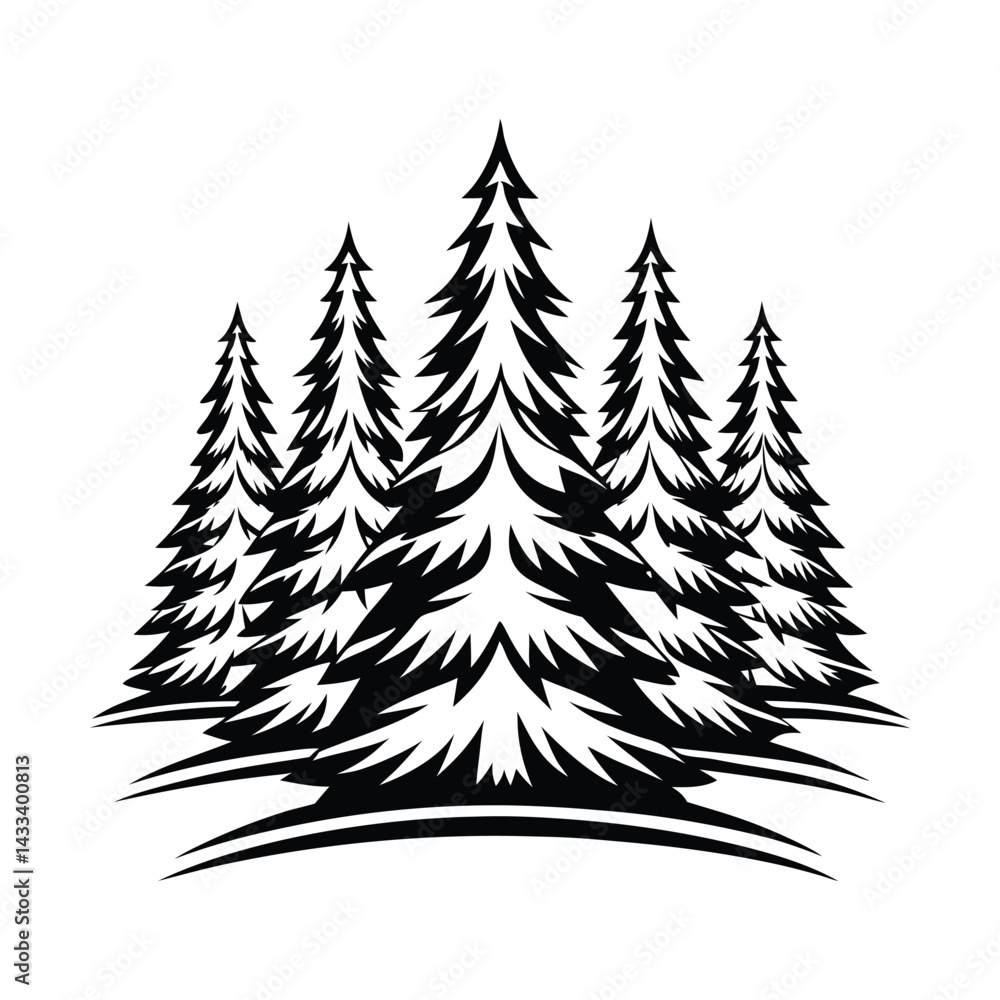 Obraz premium Monochrome Stylized Pine Trees Silhouette, Nature Forest Scene, Evergreen Conifer Woods