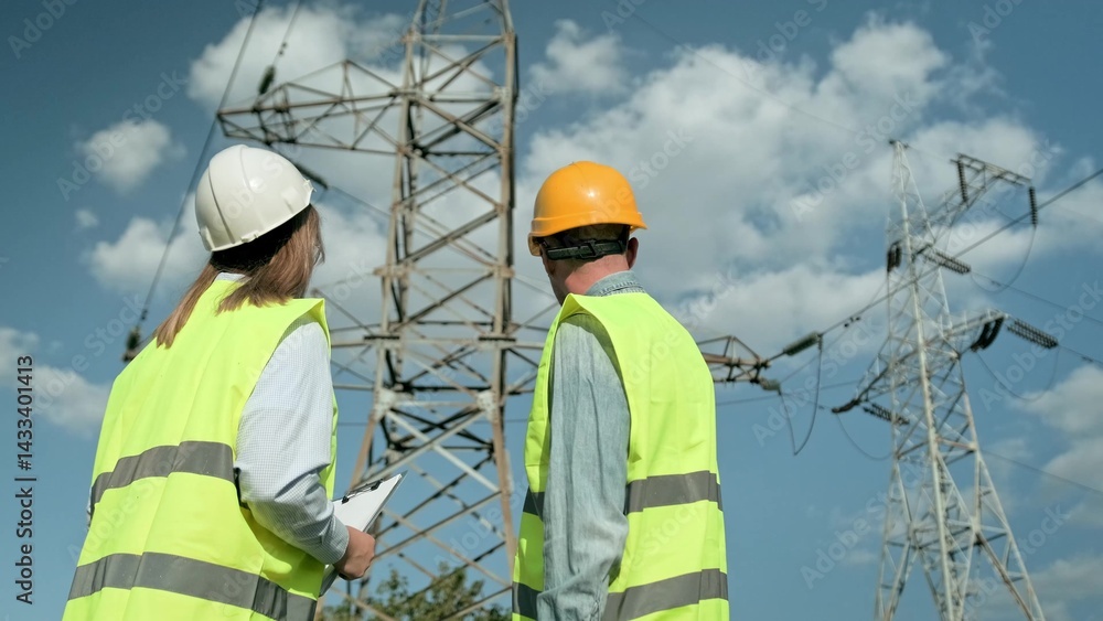 Team of power line inspectors conducting audit of transmission towers Team of power line inspectors conducting audit of transmission towers