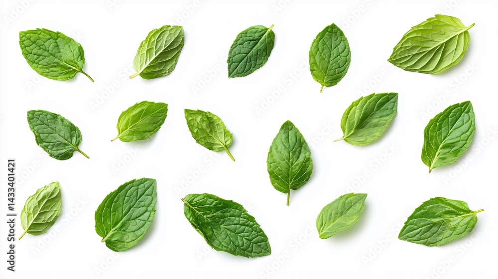 Fresh Mint Leaves on White Background for Culinary Design Projects Fresh Mint Leaves on White Background for Culinary Design Projects