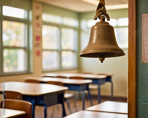 A single school bell is mounted above the classroom door, taken with soft light and a vintage-style blurred background