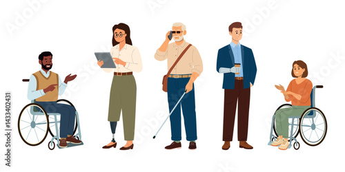 Group of five diverse people with disabilities and assistive devices