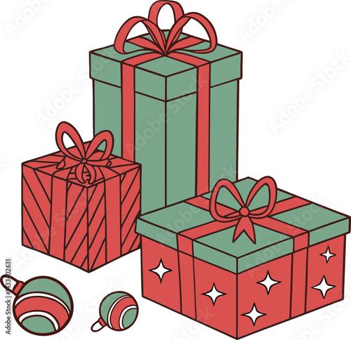 Christmas Gift Boxes with Ribbons and Ornaments  Festive Red and Green Holiday Present Illustration
