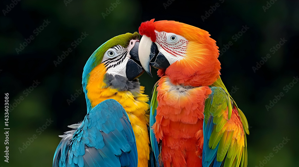 Obraz premium Two Colorful Macaws Displaying Affectionate Behavior With Vibrant Feather Detail and Green Blurred Background