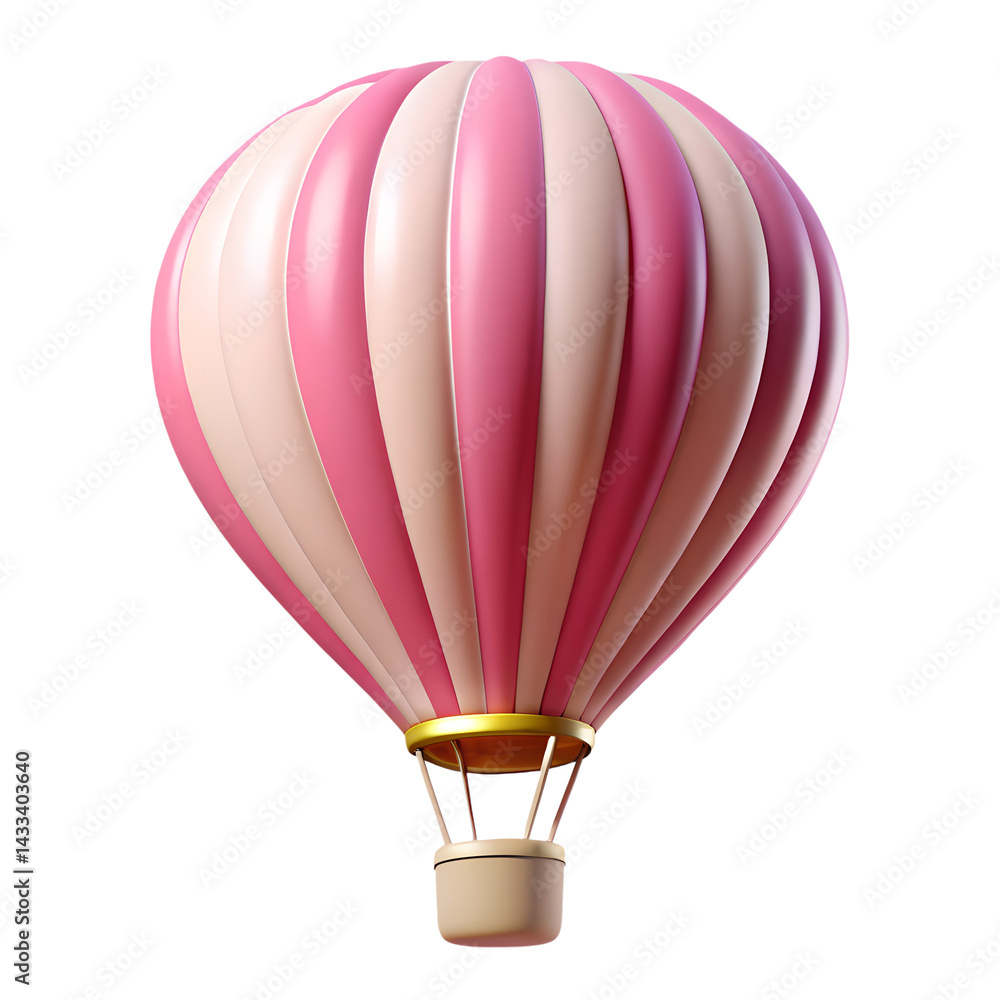 Naklejka premium A colorful hot air balloon with a basket floats in the vast blue sky, offering a sense of freedom and adventure during travel