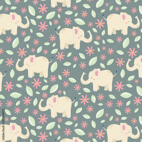 Safari animals seamless pattern with cute elephants, snail and tropical plants. Vector texture in childish style great for fabric and textile, wallpapers, backgrounds. Pastel colors.