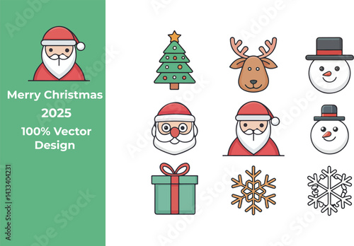 Cute Flat Christmas Icon Set 2025 Santa, Snowman, Reindeer, Tree, Gift, Snowflakes Vector Illustration	