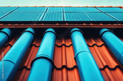 Wallpaper Mural A low-angle view of a residential rooftop with solar panels and blue pipes Torontodigital.ca