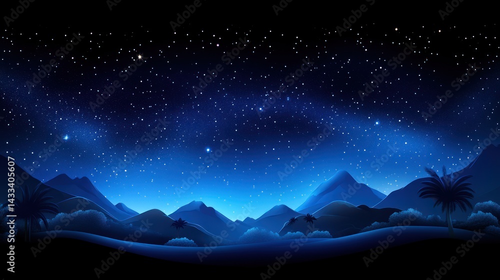 Fototapeta premium Night Sky Over Desert Mountains and Palms