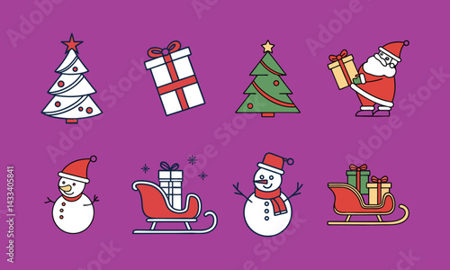 Cute Hand Drawn Christmas Icons Set  Santa, Snowman, Trees, Gifts, Sleigh  Festive Holiday Clipart on Purple Background