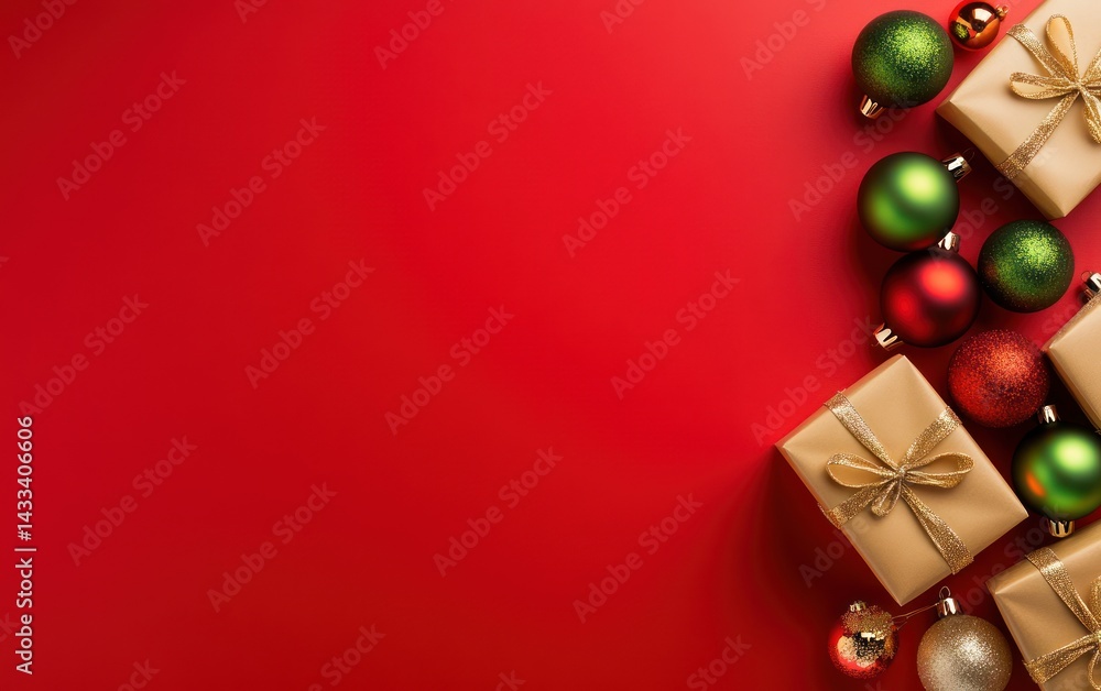 Red background with golden gifts and Christmas ornaments Red background with golden gifts and Christmas ornaments