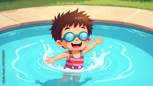 Poolside Adventure: A cheerful child plunges joyfully into a glistening swimming pool, splashing amidst the refreshing water.