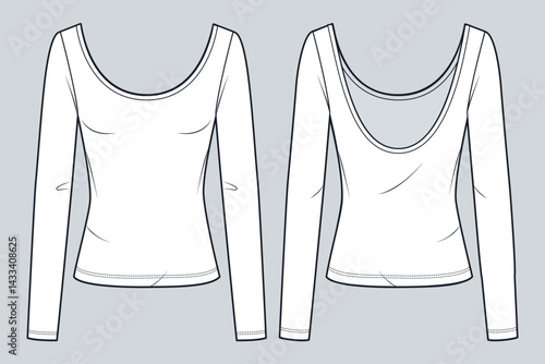  Women Open Back Long Sleeve Top Technical Fashion Illustration. Scoop Neck Top fashion flat technical drawing template, slim fit, front and back view, white, women CAD mockup.