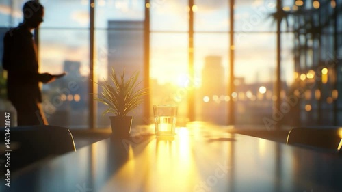 Wallpaper Mural Serene office interior at sunset with a potted plant and glass Torontodigital.ca