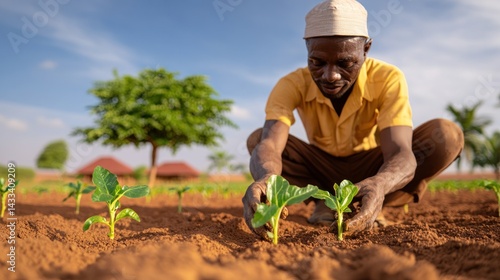 Farmer Plants Seedlings in A Field Under A Sunny Sky