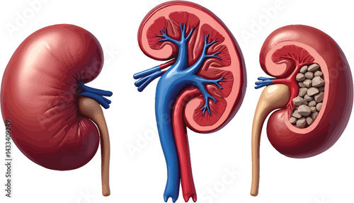 Kidney anatomy diagram showing healthy kidney and kidney stones for medical education and healthcare use