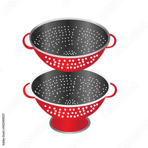 Shiny, red colander on its side with white background. Steel  And Red Color Kitchen Colander