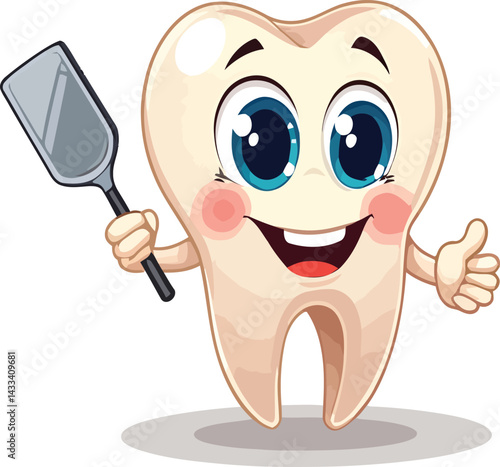 Happy Tooth Character Holding Spatula, Dental Care Mascot
