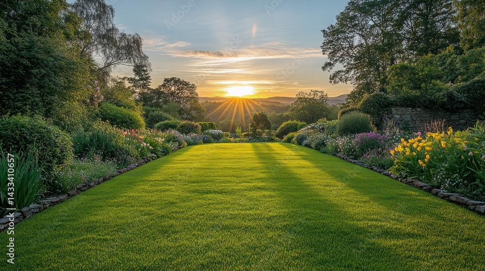 Naklejka premium Sunset over a meticulously manicured garden