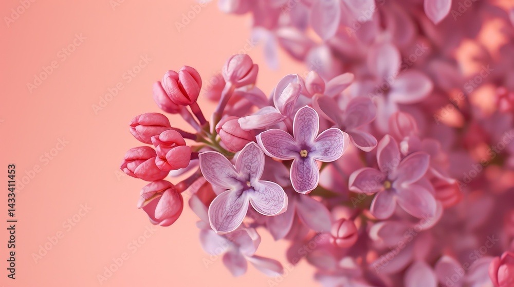 A beautiful close-up image of a cluster of pink and purple lilac flowers in full bloom against a soft pink background. A beautiful close-up image of a cluster of pink and purple lilac flowers in full bloom against a soft pink background.