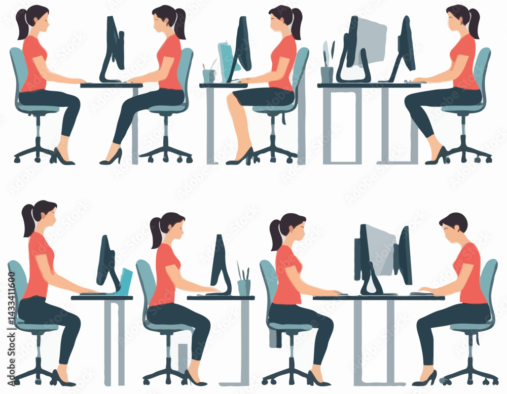 Correct good position vs bad incorrect posture for sitting at computer desk. Right and wrong back and neck poses of woman at workplace. Flat graphic vector illustration isolated on white background Correct good position vs bad incorrect posture for sitting at computer desk. Right and wrong back and neck poses of woman at workplace. Flat graphic vector illustration isolated on white background