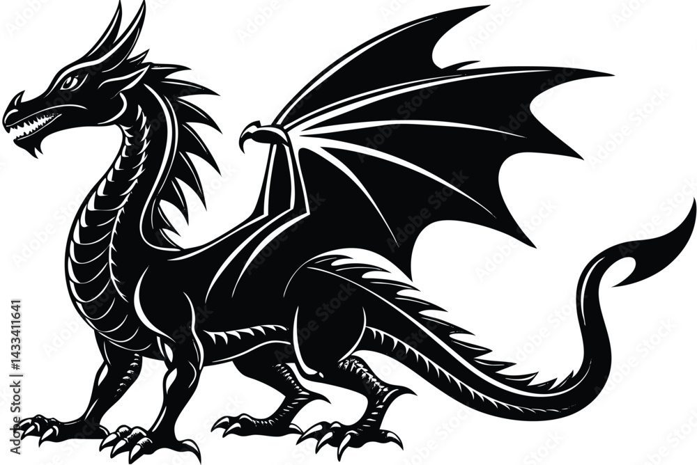 Fototapeta premium Black Dragon with Wings Spread, Tribal Silhouette Style Illustration, Fictional Animal