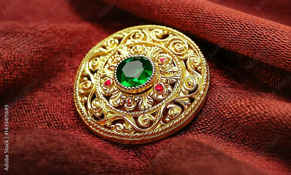 Ornate gold brooch with emerald center.