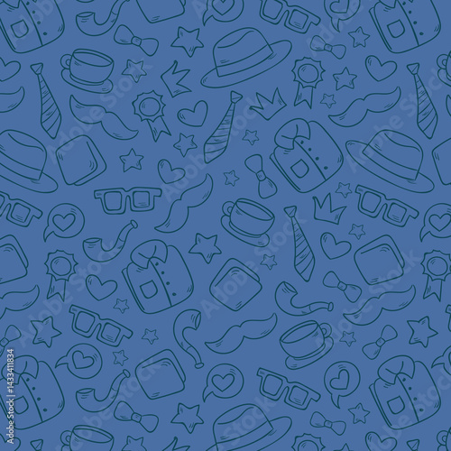 Seamless pattern with tie, hat, mustache and glasses. Modern background for Father's Day.
