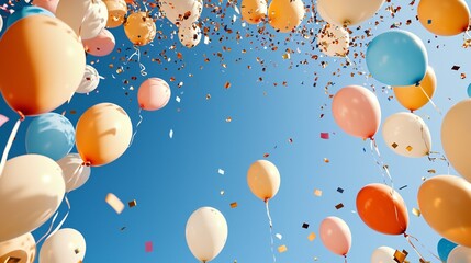 floating balloons with colorful mist along the border edges, scattered confetti dots in corners, open sky in the middle for clean design