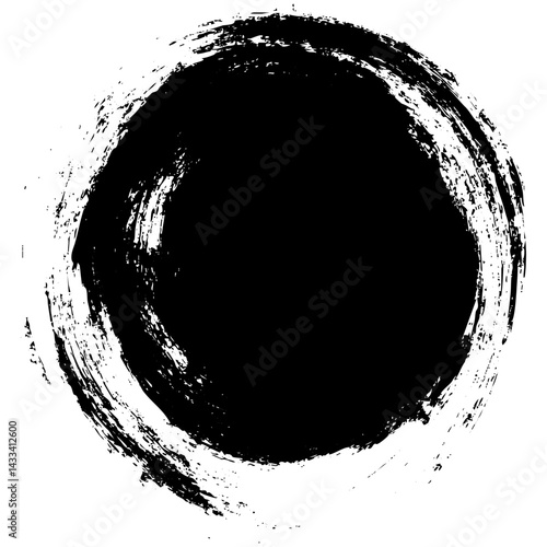 Bold black circular brushstroke on a white background symbolizes artistic expression and creativity