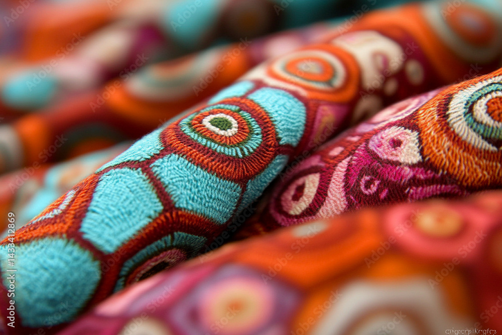 Fototapeta premium Vibrant seamless geometric patterns featuring hexagons, waves, and dots in bold colors on textile fabric