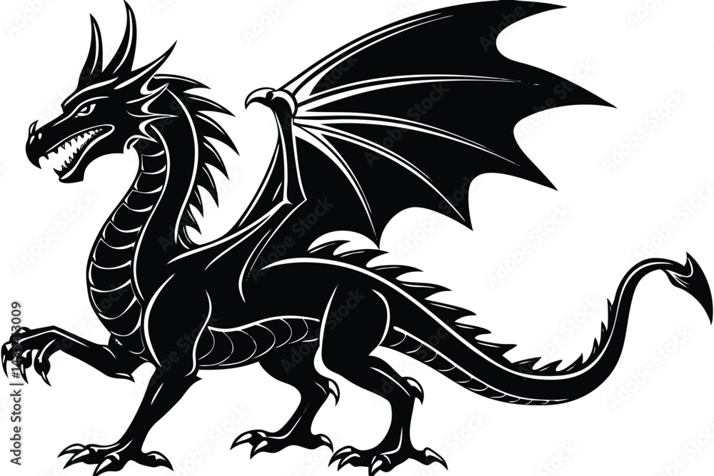 Fototapeta premium Black silhouette of a dragon standing with spread wings, fantasy beast design