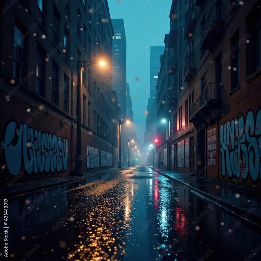 Fototapeta premium Moody urban landscape with foggy streetlights and graffiti walls in a rainy cityscape at night, grunge aesthetic, night, modern edge