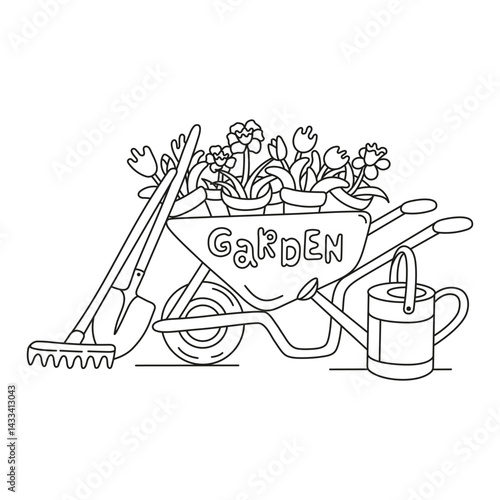 A coloring page on the theme of gardening. Garden wheelbarrow, flower pots, gardening tools and watering can.