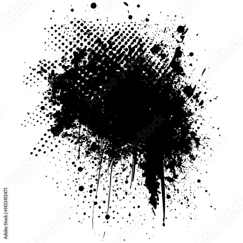 Abstract black ink splash with scattered dots on a white background showcasing artistic flair