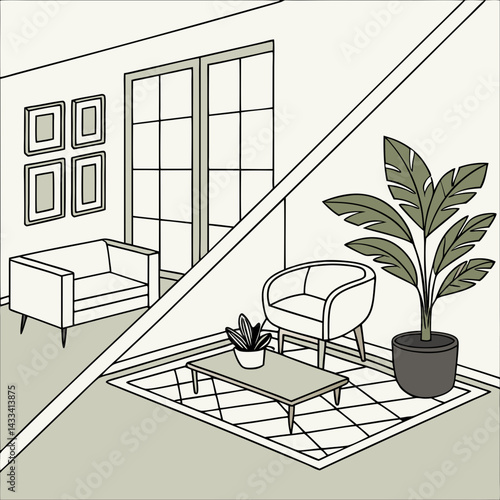 A digital illustration depicting a split view of a modern living room. The left side shows a minimalist design with a white sofa, coffee table, side chair, potted plants (including a large)