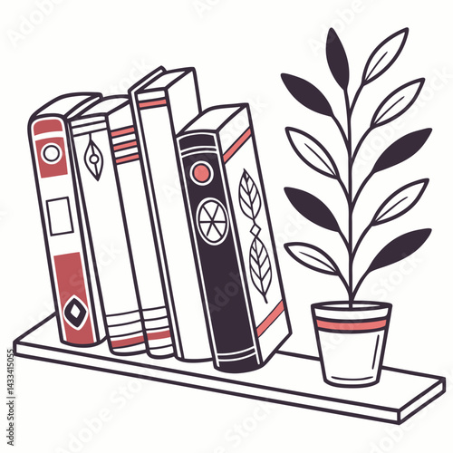 Bookshelf with classic novels for reading. Book spines, covers standing upright in row. Fiction literature in home library with potted plant. Flat vector illustration isolated on white background