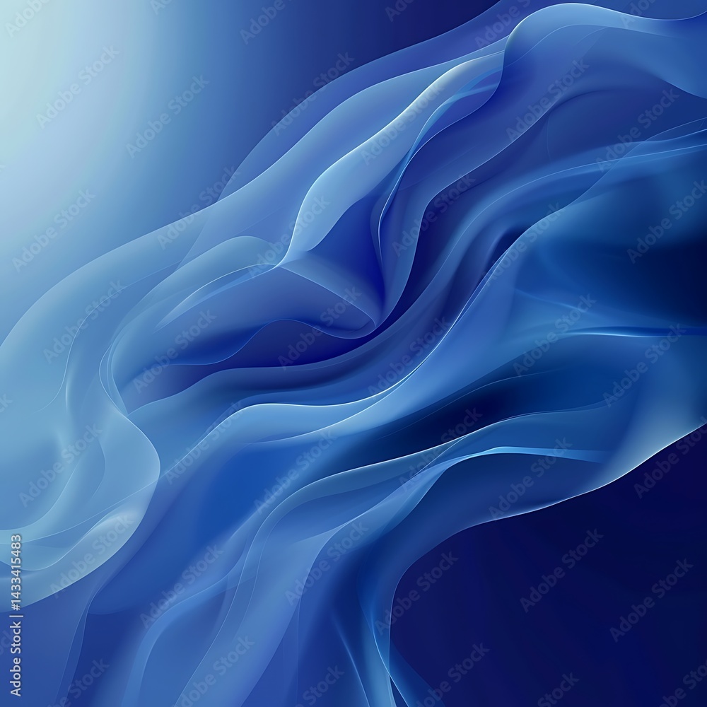 Fototapeta premium Abstract background featuring elegant, flowing waves of translucent blue smoke, vapor, or light fabric against a gradient blue backdrop. Ethereal smooth design. 