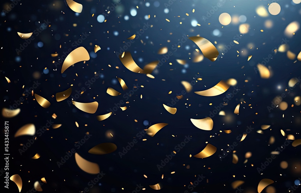 Obraz premium Falling Shiny Golden Confetti Streamers on a Dark Blue Gradient Background
