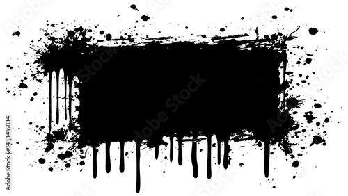 Black paint splatters create an abstract art piece on a white canvas background