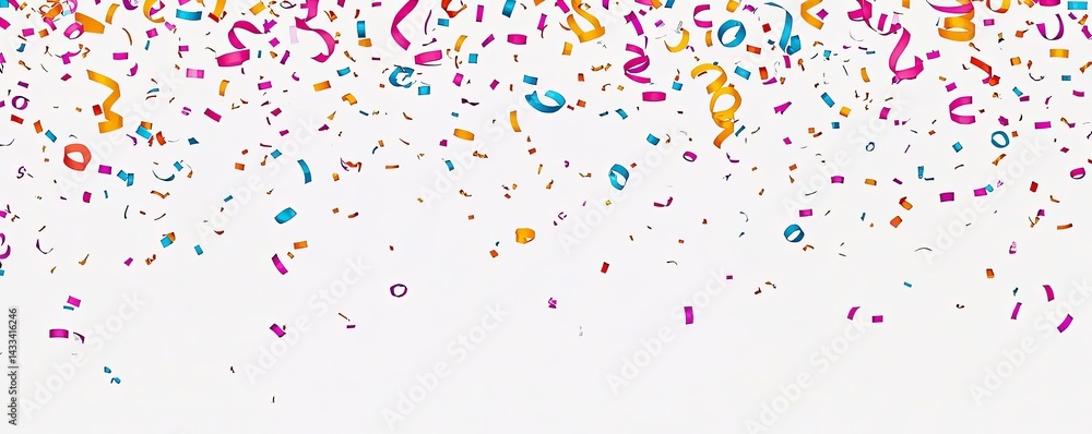 Festive MultiColored Confetti and Streamers Falling Against a White Backdrop Festive MultiColored Confetti and Streamers Falling Against a White Backdrop